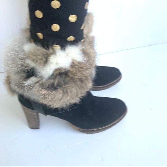 NEW MINELLI BLACK SUEDE HEELED BOOTS WITH FUR - Picture 6 of 8